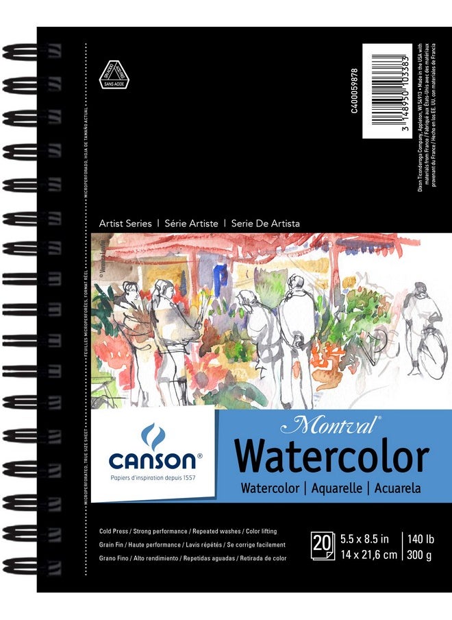 Canson Artist Series Watercolor Paper, Wirebound Pad, 5.5x8.5 inches, 20 Sheets (140lb/300g) - Artist Paper for Adults and Students - Watercolors, Mixed Media, Markers and Art Journaling