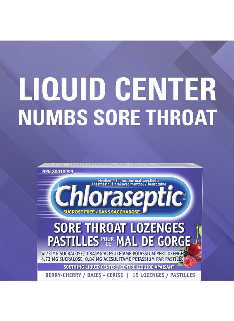 Chloraseptic Fast Acting Sore Throat Lozenges with Soothing Liquid Centre Sugar Free Berry Cherry 15 Lozenges