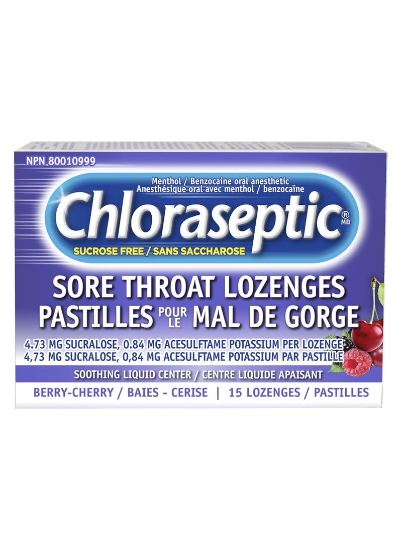 Chloraseptic Fast Acting Sore Throat Lozenges with Soothing Liquid Centre Sugar Free Berry Cherry 15 Lozenges