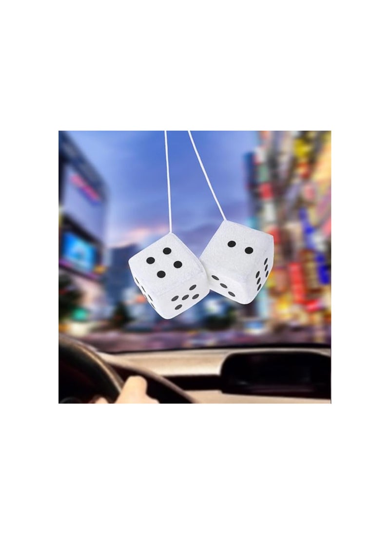 DIVINA VITAE Fuzzy Dice for Rear View Mirror, White Fuzzy Dice for Car Mirror, 2.75inch Pair of Plush Retro Square Hanging Dice with White Dots Cute Car Decoration Ornament Accessories