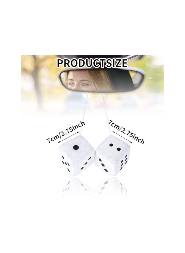 DIVINA VITAE Fuzzy Dice for Rear View Mirror, White Fuzzy Dice for Car Mirror, 2.75inch Pair of Plush Retro Square Hanging Dice with White Dots Cute Car Decoration Ornament Accessories