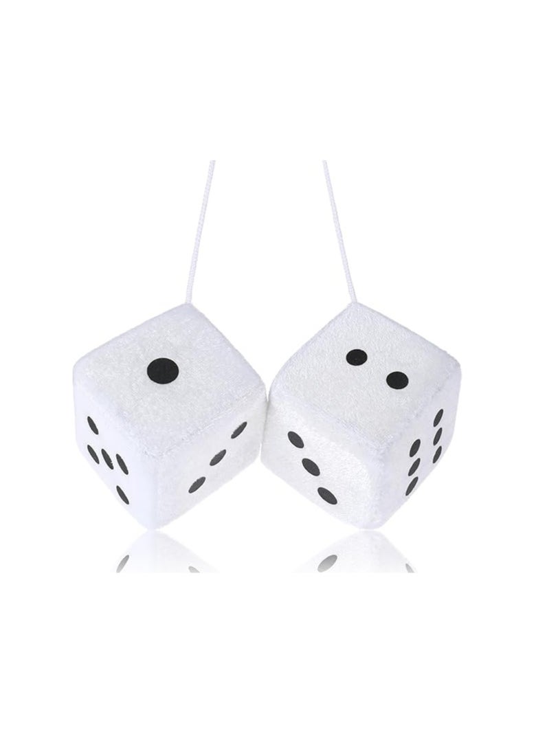 DIVINA VITAE Fuzzy Dice for Rear View Mirror, White Fuzzy Dice for Car Mirror, 2.75inch Pair of Plush Retro Square Hanging Dice with White Dots Cute Car Decoration Ornament Accessories