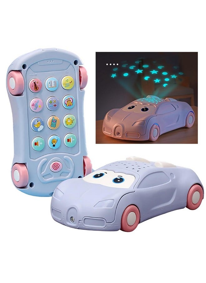 Musical Projector Mobile Cordless Smart Phone Toy Car With Roof Projector & Silicone Teether【Pack Of 1 Toy】【Colors As Per Stock】