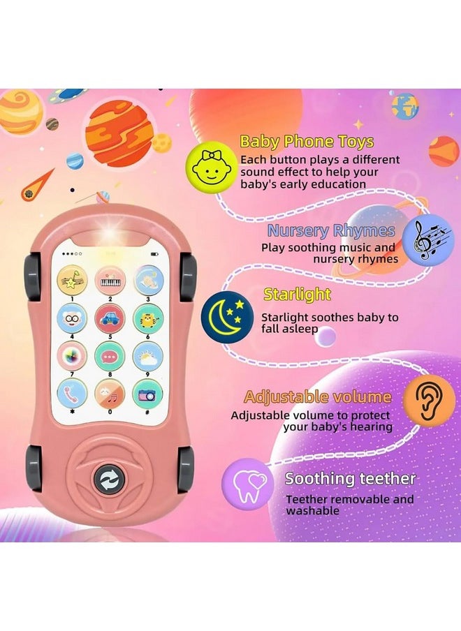 Musical Projector Mobile Cordless Smart Phone Toy Car With Roof Projector & Silicone Teether【Pack Of 1 Toy】【Colors As Per Stock】