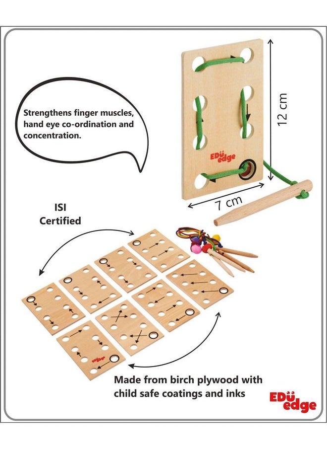 Eduedge Lacing Plate is A Set of Four Pads with Needle and Lace, Pincer Grip, Develops Motor Skill and Cognitive Skill, Wooden Learning Toy for Children Above 3 Years, Toys for Baby Boys and Girls