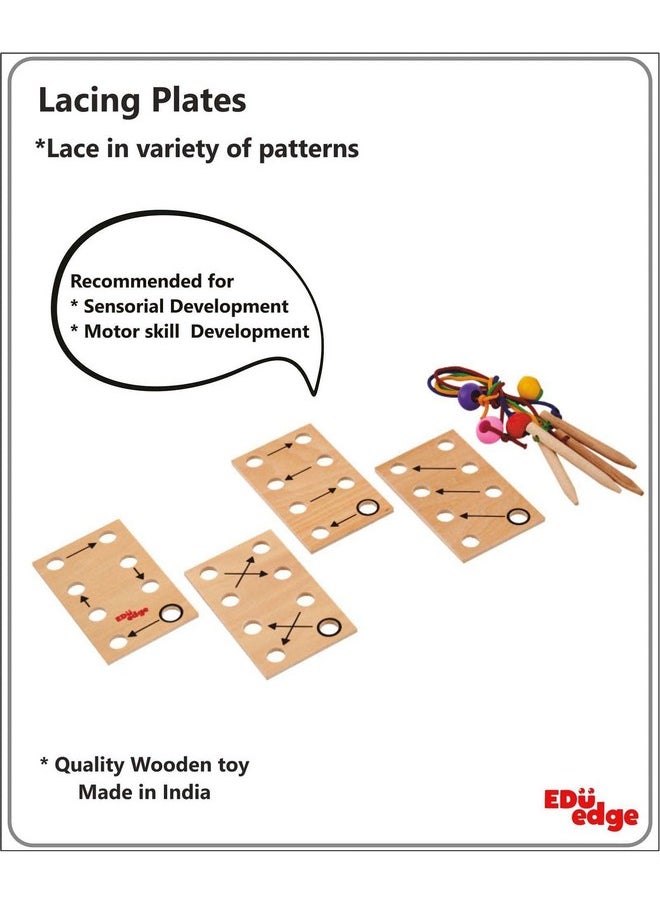 Eduedge Lacing Plate is A Set of Four Pads with Needle and Lace, Pincer Grip, Develops Motor Skill and Cognitive Skill, Wooden Learning Toy for Children Above 3 Years, Toys for Baby Boys and Girls