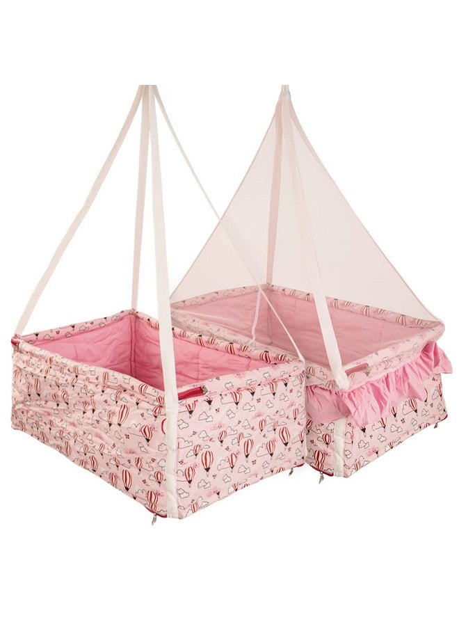 BAYBEE Flora Cotton Baby Hanging Cradle for New Born Baby, Baby Cradle with Mosquito Net & Spring | Cotton Baby Swing Cradle Jhula for Baby | Hanging Cradle for Baby 0 to 12 Months (Pink)