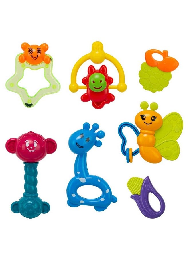 PLUSPOINT 7 Pcs Safari Rattle Set Toys with teether for New Born, Babies and Infants of Age 1-3-6-9-12 Months, Safe Non Toxic, Fun Colors & Soft Rattling Sound, Premium Gift Set Quality Toys