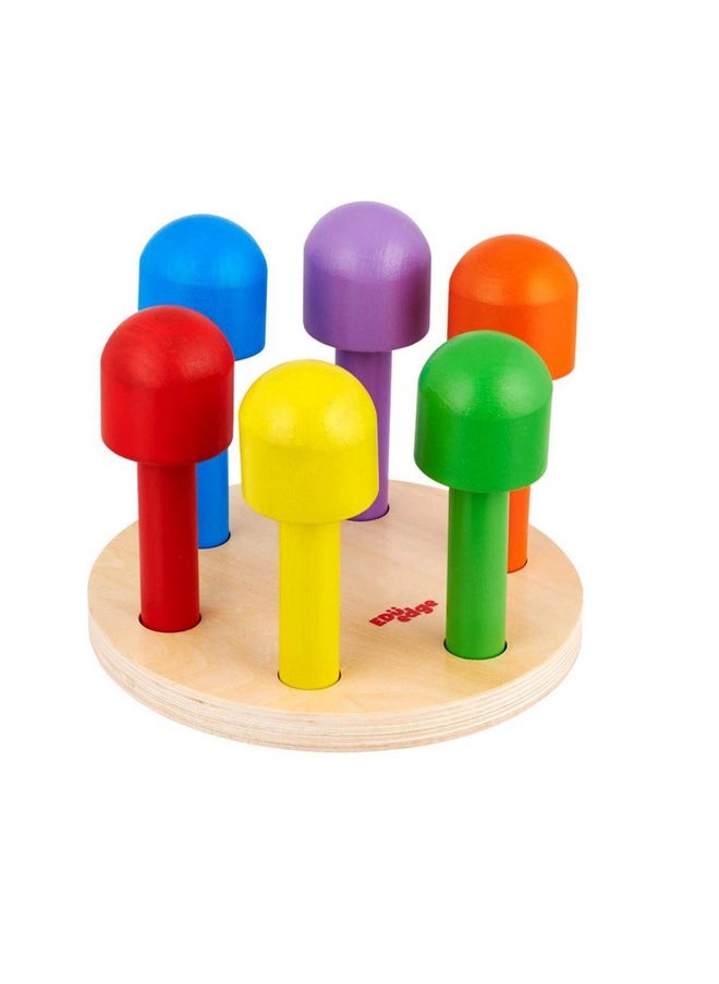 Eduedge colour pairing mushrooms, set of six rodas and six domes. Enables colour identification while pairing. Develops Motor co-ordination, visual discrimination and concentration. Wooden learning toy suggested for children above 2 years of age.