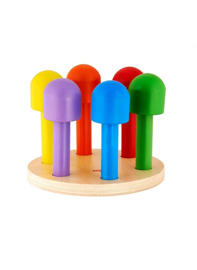 Eduedge colour pairing mushrooms, set of six rodas and six domes. Enables colour identification while pairing. Develops Motor co-ordination, visual discrimination and concentration. Wooden learning toy suggested for children above 2 years of age.