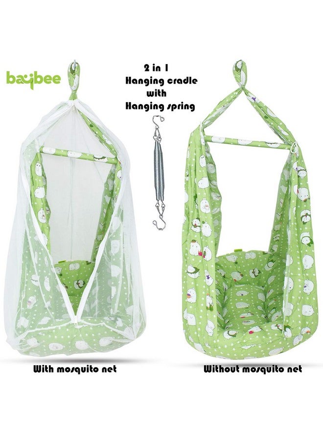 BAYBEE Cotton Ziggy Hanging Sleep Swing Cradle/Jhula/Jhoola/Bed/Bedding Set with Net and Spring for 0-24 Months Newborn Baby Boys and Girls (Green)