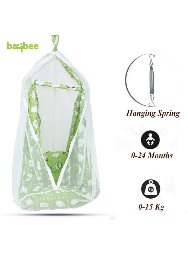 BAYBEE Cotton Ziggy Hanging Sleep Swing Cradle/Jhula/Jhoola/Bed/Bedding Set with Net and Spring for 0-24 Months Newborn Baby Boys and Girls (Green)
