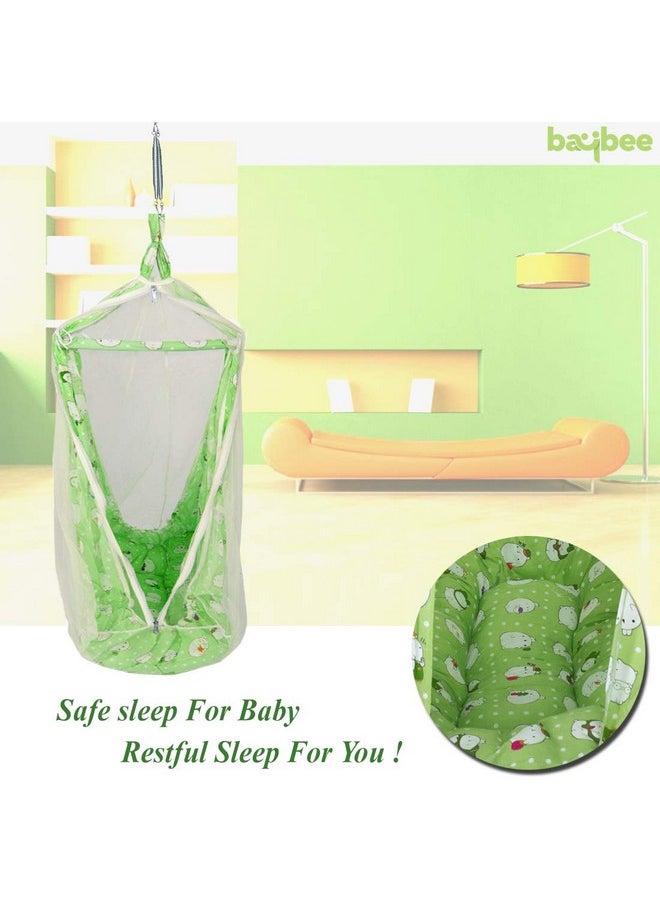 BAYBEE Cotton Ziggy Hanging Sleep Swing Cradle/Jhula/Jhoola/Bed/Bedding Set with Net and Spring for 0-24 Months Newborn Baby Boys and Girls (Green)