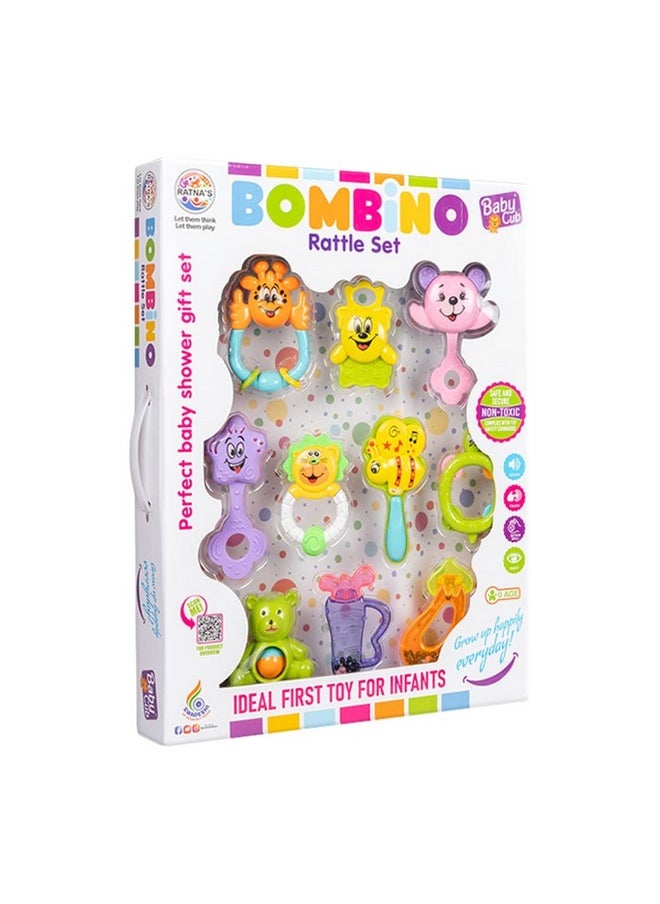 Ratna's Bombino Rattle Set Colourful Plastic Non Toxic Pack of 10 Attractive Rattle for New Borns | A Perfect Baby Shower Gift Set with Box Packing | Assorted Colours