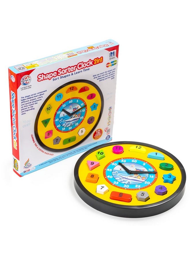 Ratna's Shape Sorter Clock 2in1 Educational Clock Learning Toy Along with Shapes, Numbers & Colors Teaching Time Montessori Toys for Toddlers & Kids 3+ Years (Assorted Colours)