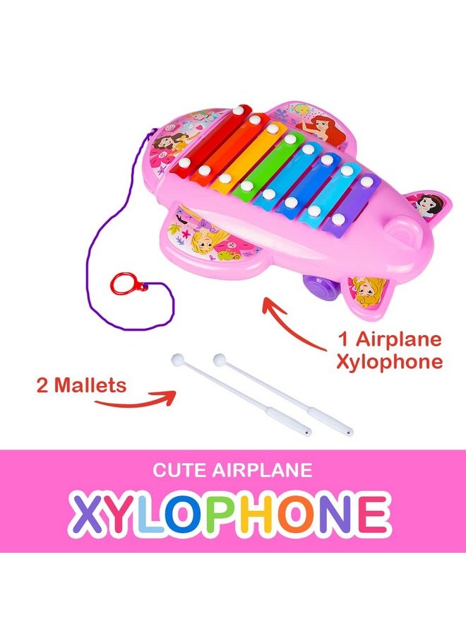 Ratna's Cute Airplane Xylophone Disney Princess Printed Pull Along Musical Toy with 8 Notes, 2 Sticks for Infants (Assorted Colours)