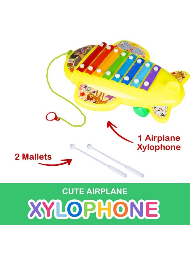 Ratna's Baby Cute Airplane Xylophone Disney Printed Pull Along Musical Toy with 8 Notes, 2 Sticks for Infants (Assorted Colours)