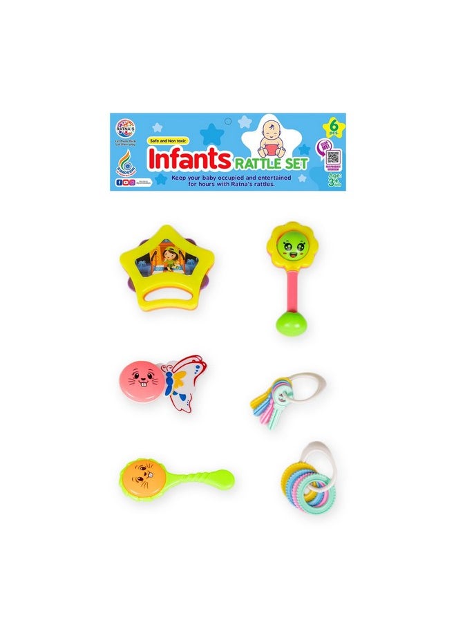 Ratna's Infants Rattle Set 6pcs Attractive Rattles & teethers for New Born Babies Colourful Plastic Non Toxic Toys for 3 + Month Old Baby