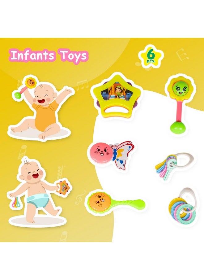 Ratna's Infants Rattle Set 6pcs Attractive Rattles & teethers for New Born Babies Colourful Plastic Non Toxic Toys for 3 + Month Old Baby