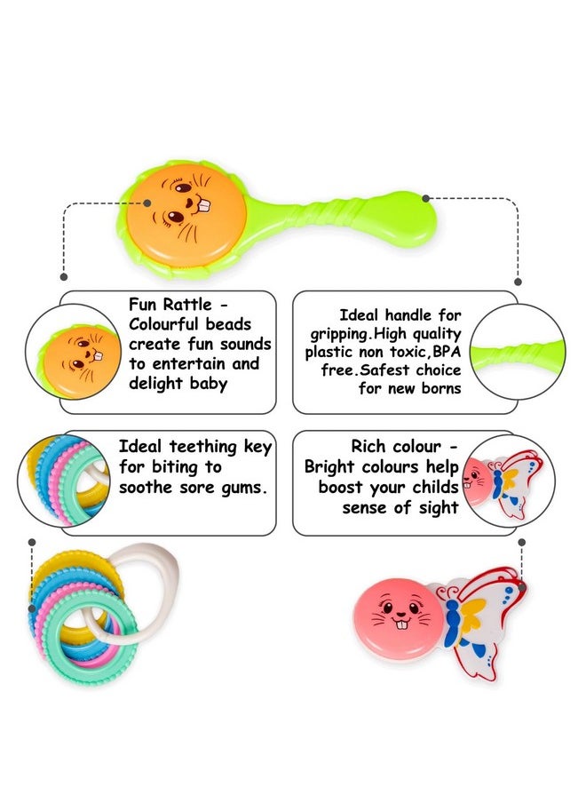 Ratna's Infants Rattle Set 6pcs Attractive Rattles & teethers for New Born Babies Colourful Plastic Non Toxic Toys for 3 + Month Old Baby