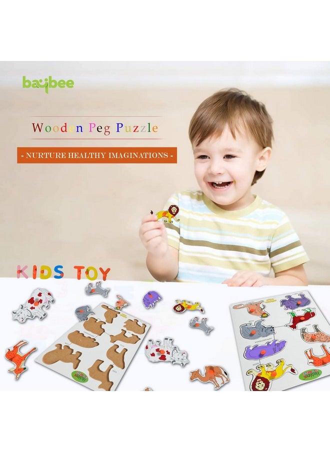 Baybee Wooden Wild Animals Puzzle Games for Kids Toys, Domestic Animals Zoo Puzzle Toys Set with Knob, Board Games Learning Eductaional Animals Wooden Puzzle Toys for Kids for Age 3+ Years Boys Girls
