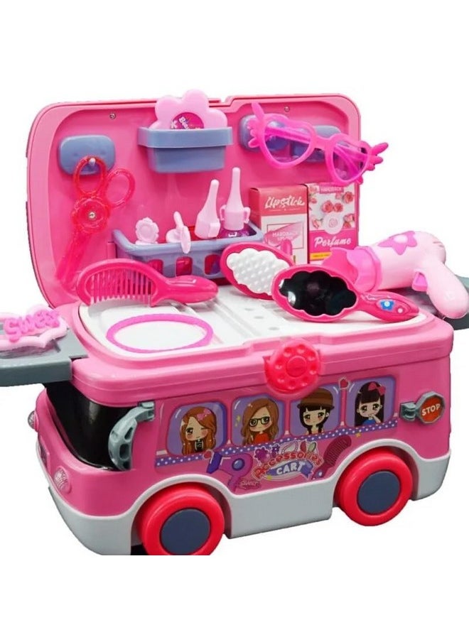 Toyshine 2 in 1 Carry Along Musical Mini Bus Rolling Dress Up Girl Beauty Set Birthday Gifts Pretend Play Toy Set for Girls Age 3+