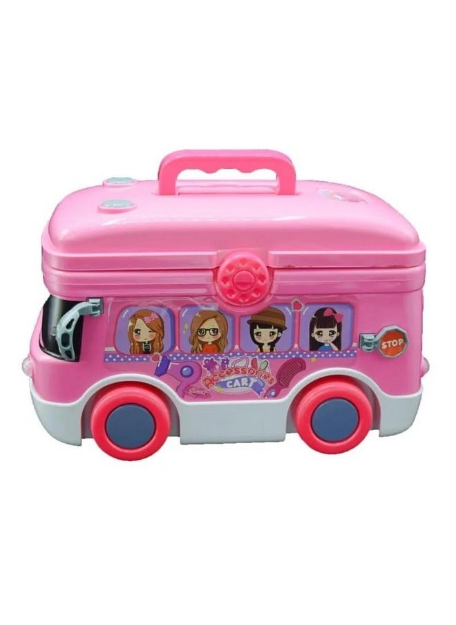 Toyshine 2 in 1 Carry Along Musical Mini Bus Rolling Dress Up Girl Beauty Set Birthday Gifts Pretend Play Toy Set for Girls Age 3+