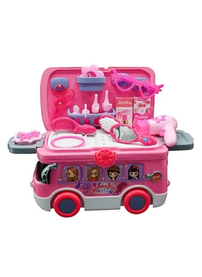 Toyshine 2 in 1 Carry Along Musical Mini Bus Rolling Dress Up Girl Beauty Set Birthday Gifts Pretend Play Toy Set for Girls Age 3+