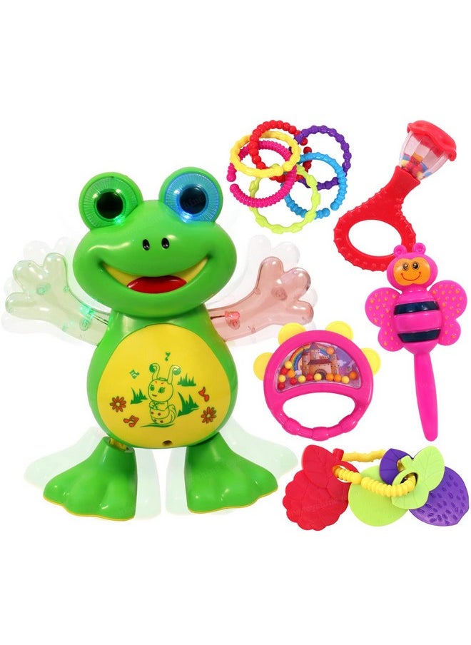 Toyshine Combo Pack of 2 | Musical and Dancing Frog and 5 PCS Rattle Set for New Born Babies | Baby and Toddler Development & Educational Toys