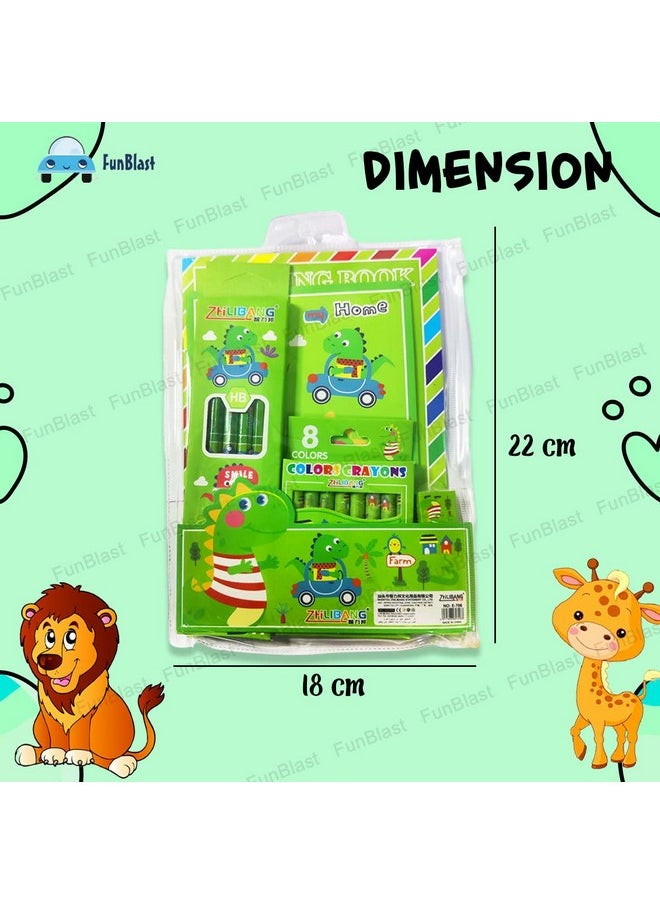 FunBlast Stationery Kit for Kids -6 Pcs Pencils, 8 Crayons, Drawing Book, Note Book, Erasers, Sharpener for Art and Craft, Stationery Item for Kids, Birthday Return Gift for Kids (Green)