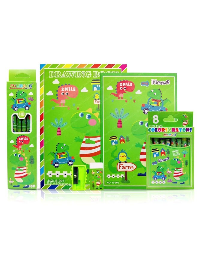 FunBlast Stationery Kit for Kids -6 Pcs Pencils, 8 Crayons, Drawing Book, Note Book, Erasers, Sharpener for Art and Craft, Stationery Item for Kids, Birthday Return Gift for Kids (Green)