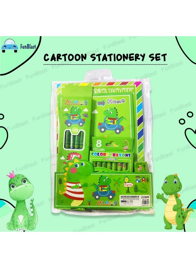 FunBlast Stationery Kit for Kids -6 Pcs Pencils, 8 Crayons, Drawing Book, Note Book, Erasers, Sharpener for Art and Craft, Stationery Item for Kids, Birthday Return Gift for Kids (Green)