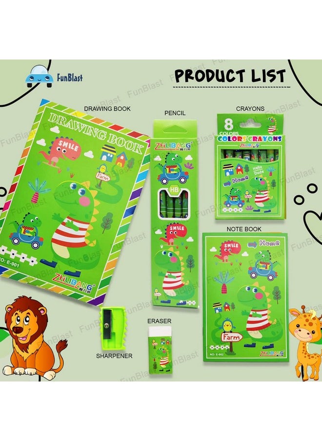 FunBlast Stationery Kit for Kids -6 Pcs Pencils, 8 Crayons, Drawing Book, Note Book, Erasers, Sharpener for Art and Craft, Stationery Item for Kids, Birthday Return Gift for Kids (Green)
