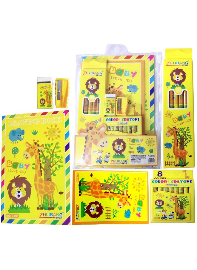 FunBlast Stationery Kit for Kids -6 Pcs Pencils, 8 Crayons, Drawing Book, Note Book, Erasers, Sharpener for Art and Craft, Stationery Item for Kids, Birthday Return Gift for Kids (Yellow)