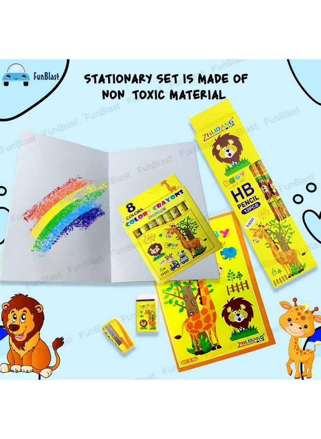FunBlast Stationery Kit for Kids -6 Pcs Pencils, 8 Crayons, Drawing Book, Note Book, Erasers, Sharpener for Art and Craft, Stationery Item for Kids, Birthday Return Gift for Kids (Yellow)