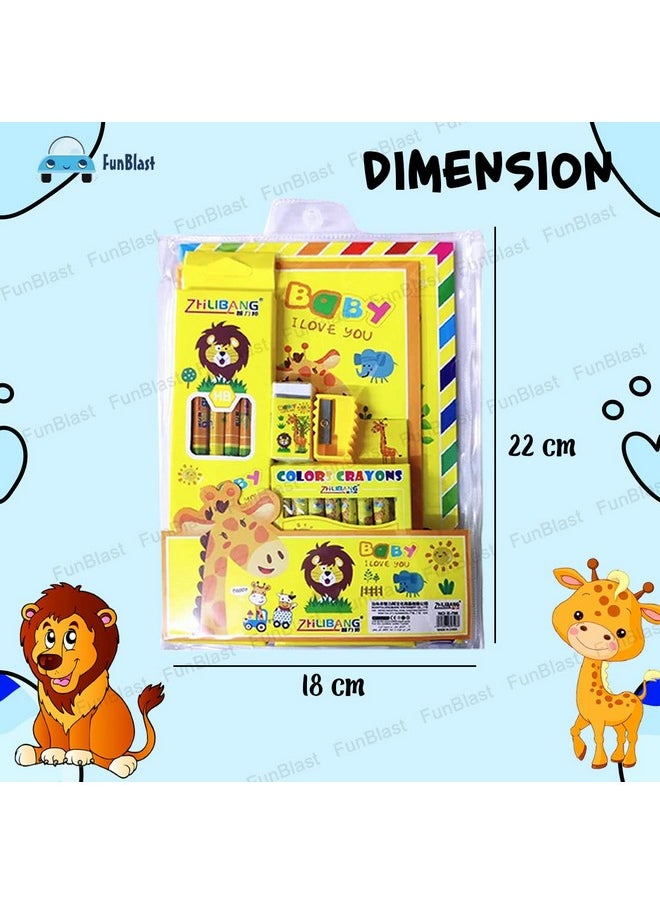 FunBlast Stationery Kit for Kids -6 Pcs Pencils, 8 Crayons, Drawing Book, Note Book, Erasers, Sharpener for Art and Craft, Stationery Item for Kids, Birthday Return Gift for Kids (Yellow)