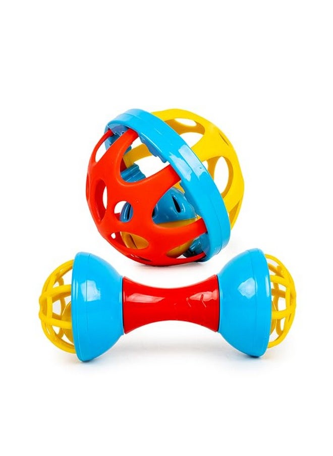 Ratna's Jingle Rattle 2 Pcs Combo, Dumbell & Soft Ball Shaped New Born Baby Toys Rattle Set for Babies 0-6 Months