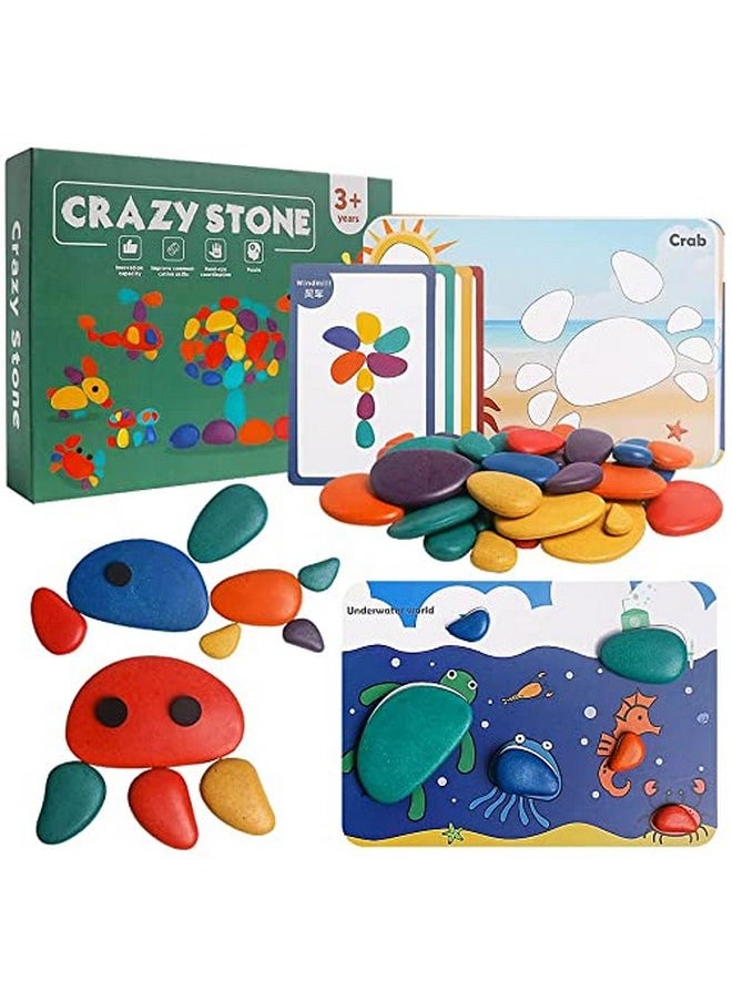 BAYBEE Wooden Colorful Pebbles Stacking Puzzle Kids Toys, Stone Balancing Building Block with 36 Stone & 10 Matching Card Puzzle Game, Wooden Puzzle Educational Kids Toys for 3+ Years Old Boys Girls