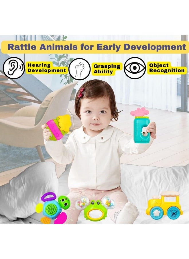 PLUSPOINT 5pcs Rattle Toys for Babies Infant Colourful Attractive Rattles And Teathers for 0-12 Months New Born Baby Toys Rattle Set with Fun Colors & Soft Rattling Sound BPA Free Baby Teether Toy New Born Toy Set Gift Pack