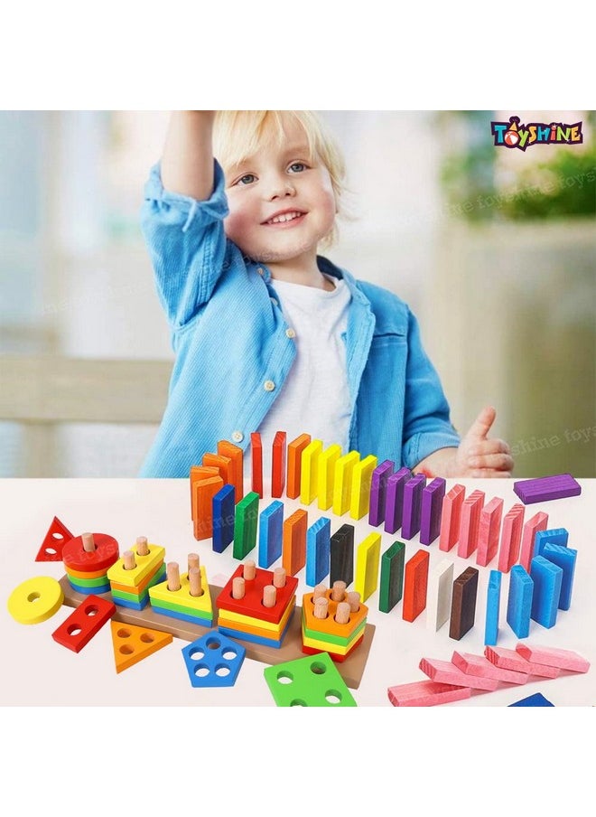 Toyshine Pack of 2 Wooden Combo - Column Blocks and Colorful 120 pcs Domino | Play Montessori Toys for Kids for Girls Boys