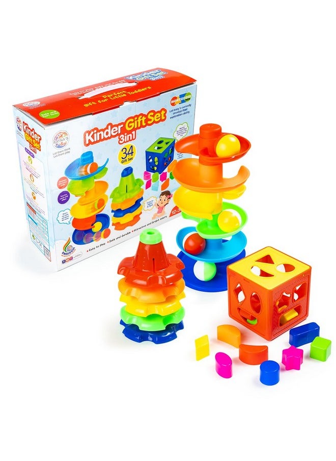 Ratna's 3 in 1 Kinder Gift Set Containing Stack-N-Spin, Rainbow Spinning Tower & Shape Sorter Cube Montessori Toys Preschool Learning for Infants & Toddlers