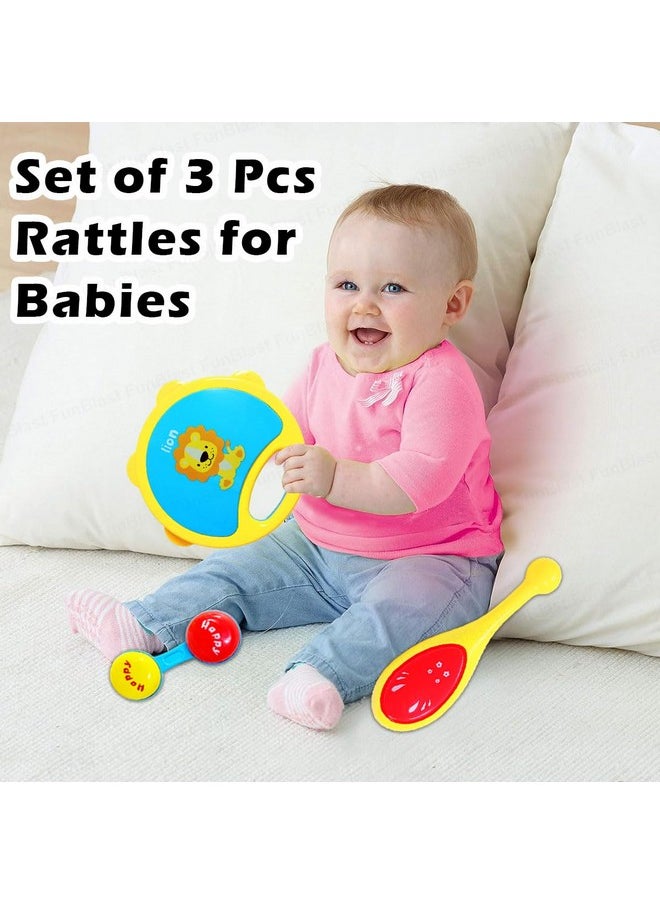 FunBlast Rattles Toys for Babies- Pack of 3 Pcs Shaking, Rattle & Dumbbell Rattle Toy for Kids, Sound Rattle Toy for New Born Baby, Early Development Toys for 3+ Months Babies - Random Color