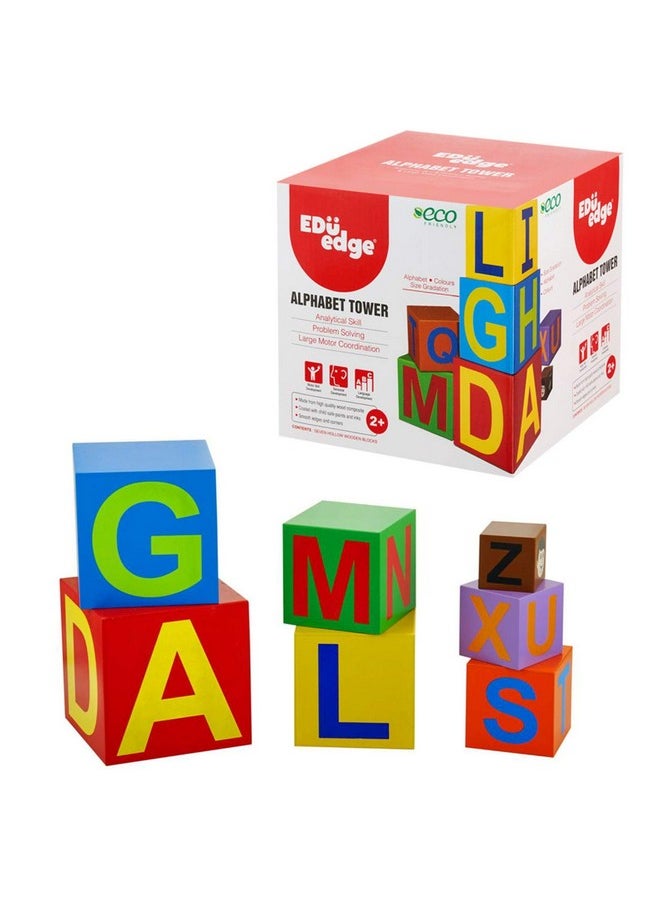 Eduedge alphabet tower is set of hollow blocks. Stacking these blocks enables observe and compare different sizes and arrange it in descending order. Enhances problem solving , observation, gross motor co-odination and helps to know alphabet. Develop motor skill and cognitive skill. Wooden learning toy suggested for children above 3 years of age.
