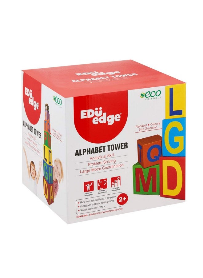 Eduedge alphabet tower is set of hollow blocks. Stacking these blocks enables observe and compare different sizes and arrange it in descending order. Enhances problem solving , observation, gross motor co-odination and helps to know alphabet. Develop motor skill and cognitive skill. Wooden learning toy suggested for children above 3 years of age.
