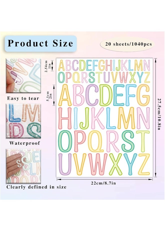 1040pcs Letter Stickers 20 Sheets 2+1Inch Alphabet Stickers Vinyl Stick Multicolor Self Adhesive Waterproof for Bulletin Board Letters Kit Mailbox Numbers Labels DIY Crafts Art Making(Multicolor)