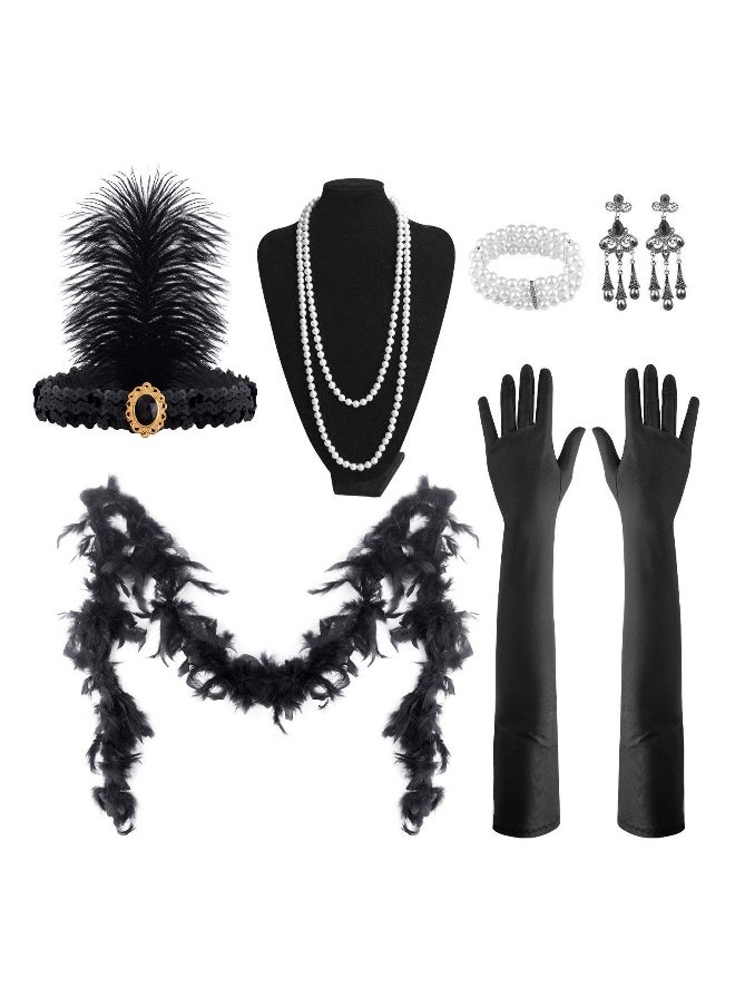 Great Gatsby Accessories Set Flapper for Women Headpiece Headband Earrings Pearl Necklace Gloves Holder Silver