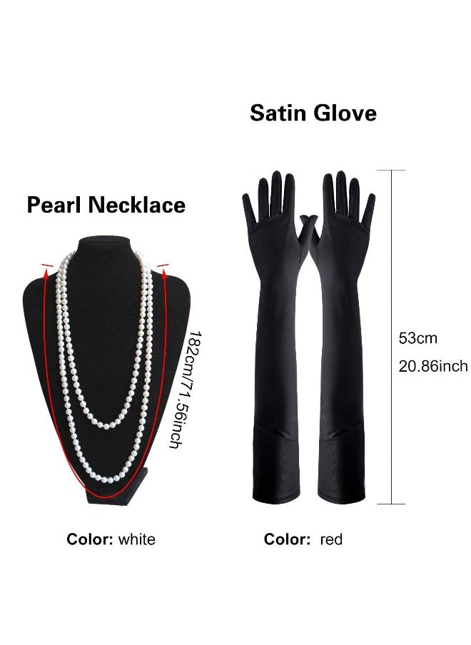 Great Gatsby Accessories Set Flapper for Women Headpiece Headband Earrings Pearl Necklace Gloves Holder Silver