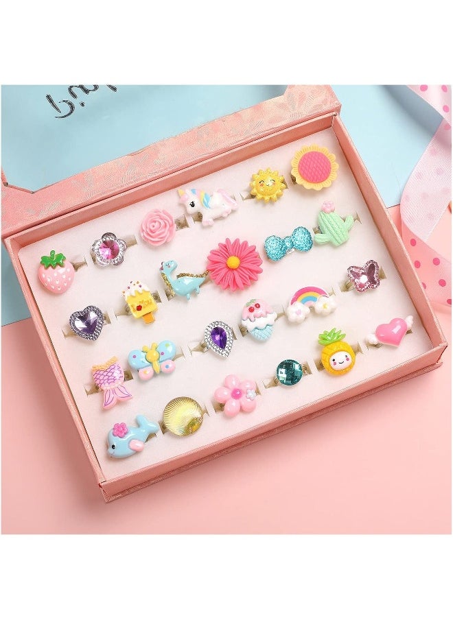 Adjustable Kids Rings,  24Pcs Girl Jewel Rings Set for 4 5 6 7 8 9 10 11 12 Year Old Girl Birthday Gifts Kids Dress Up Rings Jewelry Set, Lovely Ring Toys, Multiple Styles, No Duplication