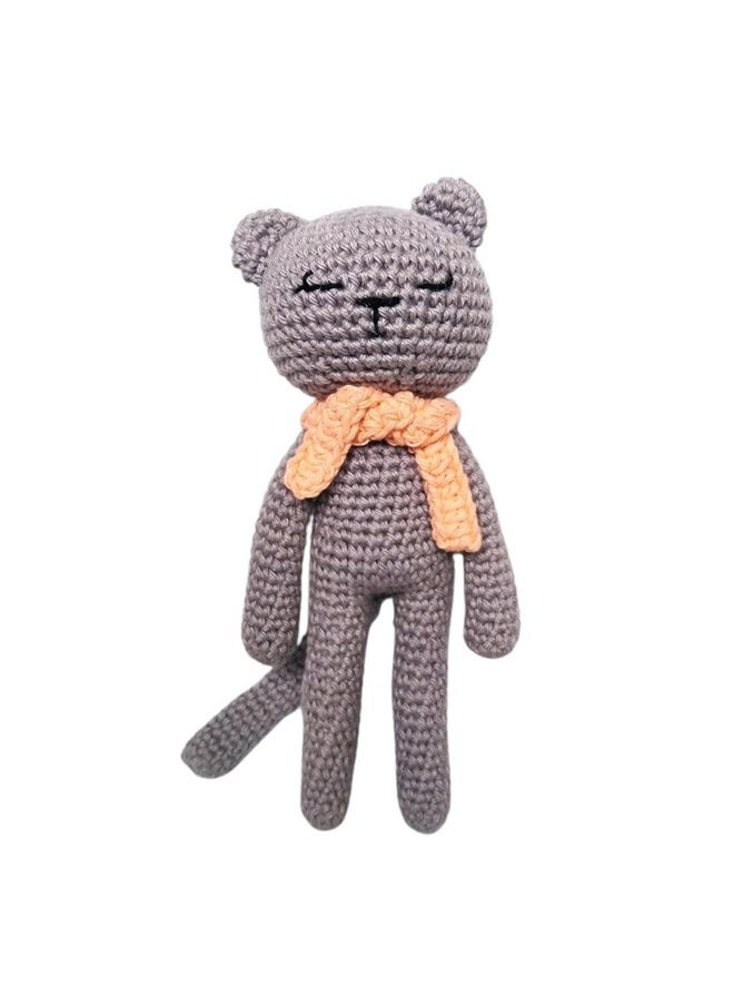 1MII STYLISH CAT Soft Toy | 17 cms high | Handmade Crochet Amigurumi 100% Cotton Baby safe Eco Friendly | Plush Cuddly Lovable for Babies Girls Boys Great Birthday Gift | Grey