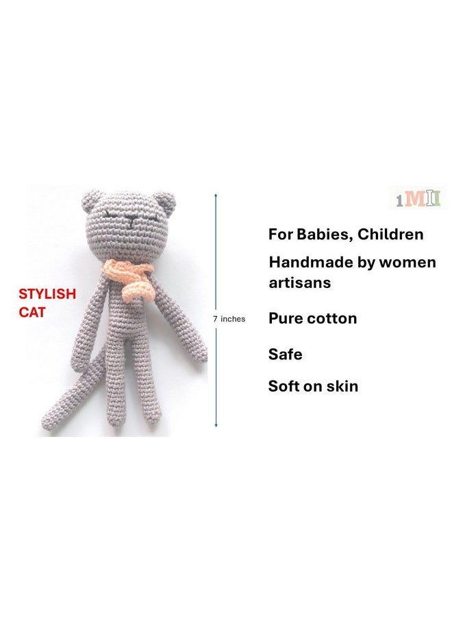 1MII STYLISH CAT Soft Toy | 17 cms high | Handmade Crochet Amigurumi 100% Cotton Baby safe Eco Friendly | Plush Cuddly Lovable for Babies Girls Boys Great Birthday Gift | Grey